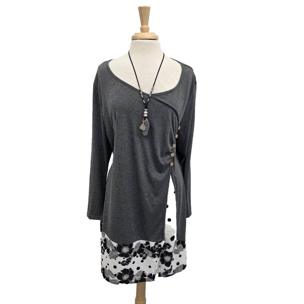 Rosegal Womens Plus Size‎ Gray Floral Button Dress 5X Long Sleeve V-Neck Casual